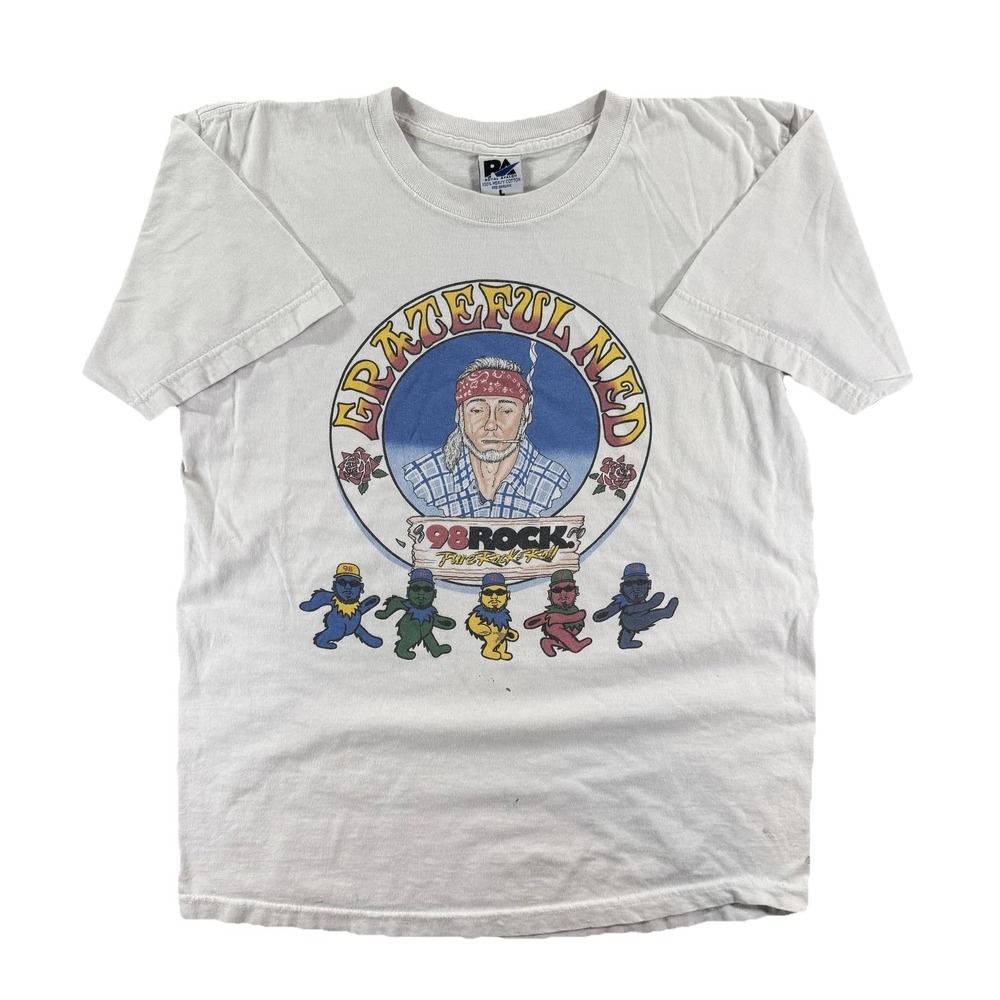 VTG Grateful Ned Shirt Mens Large White 98 Rock Dancing Bears Radio Graphic Tee